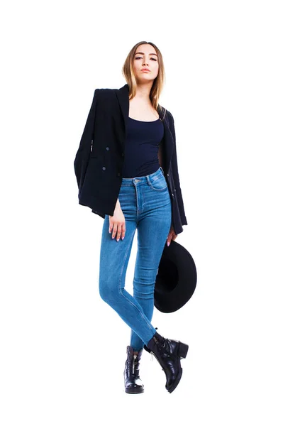 Modelo Moda Vaqueros Azules Chaqueta Negocios Oscura Aislada Sobre Fondo —  Fotos de Stock