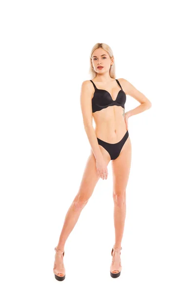 Helkroppsporträtt Ung Vacker Blond Modell Poserar Bakgrund Vit Isolerad — Stockfoto