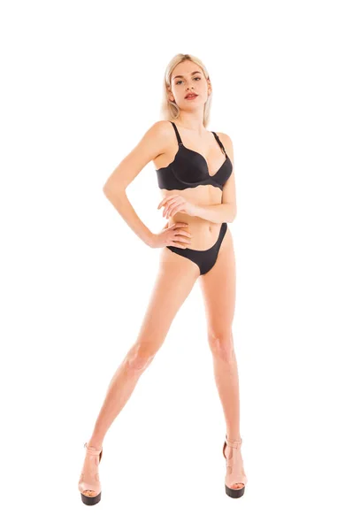 Helkroppsporträtt Ung Vacker Blond Modell Poserar Bakgrund Vit Isolerad — Stockfoto