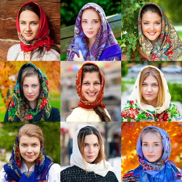 Collage Mujeres Rusas Belleza Bufanda Nacional Con Dibujos —  Fotos de Stock