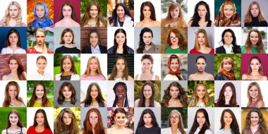 Farklı yaş ve milletlerden mutlu güzel kadınların kolajı.