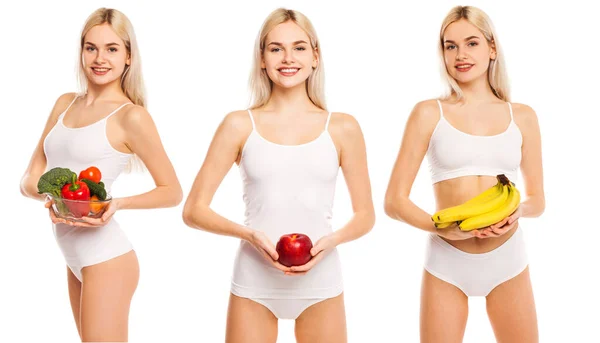 Koláž Mladé Krásné Dívky Sportovním Prádle Izolované Bílém Pozadí — Stock fotografie