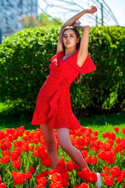 Lalelerin arka planında poz veren kırmızı elbiseli güzel esmer bir kadının portresini yakından çek.