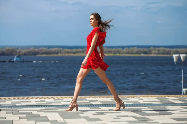 Full Body Portrait Young Beautiful Woman Red Dress Walking Embankment — Stock Photo, Image