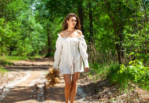 Joven Chica Hermosa Vestido Moda Camina Largo Camino Campo Bosque —  Fotos de Stock