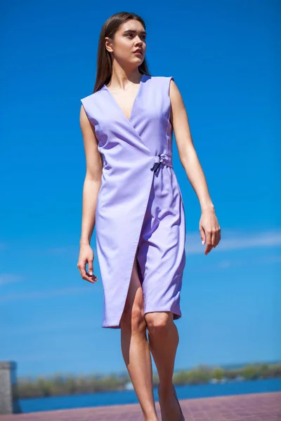 Full Length Portrait Young Beautiful Brunette Woman Lilac Dress — Stock Photo, Image