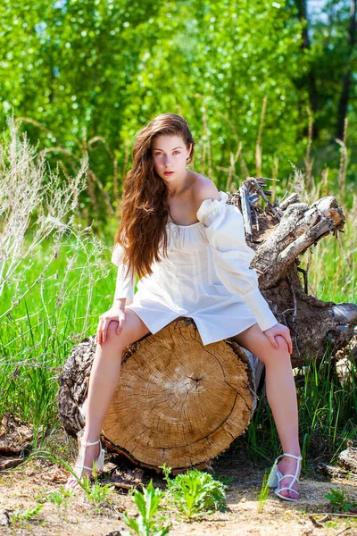 Full Length Portrait Young Beautiful Girl White Dress Sitting Sawn — 스톡 사진