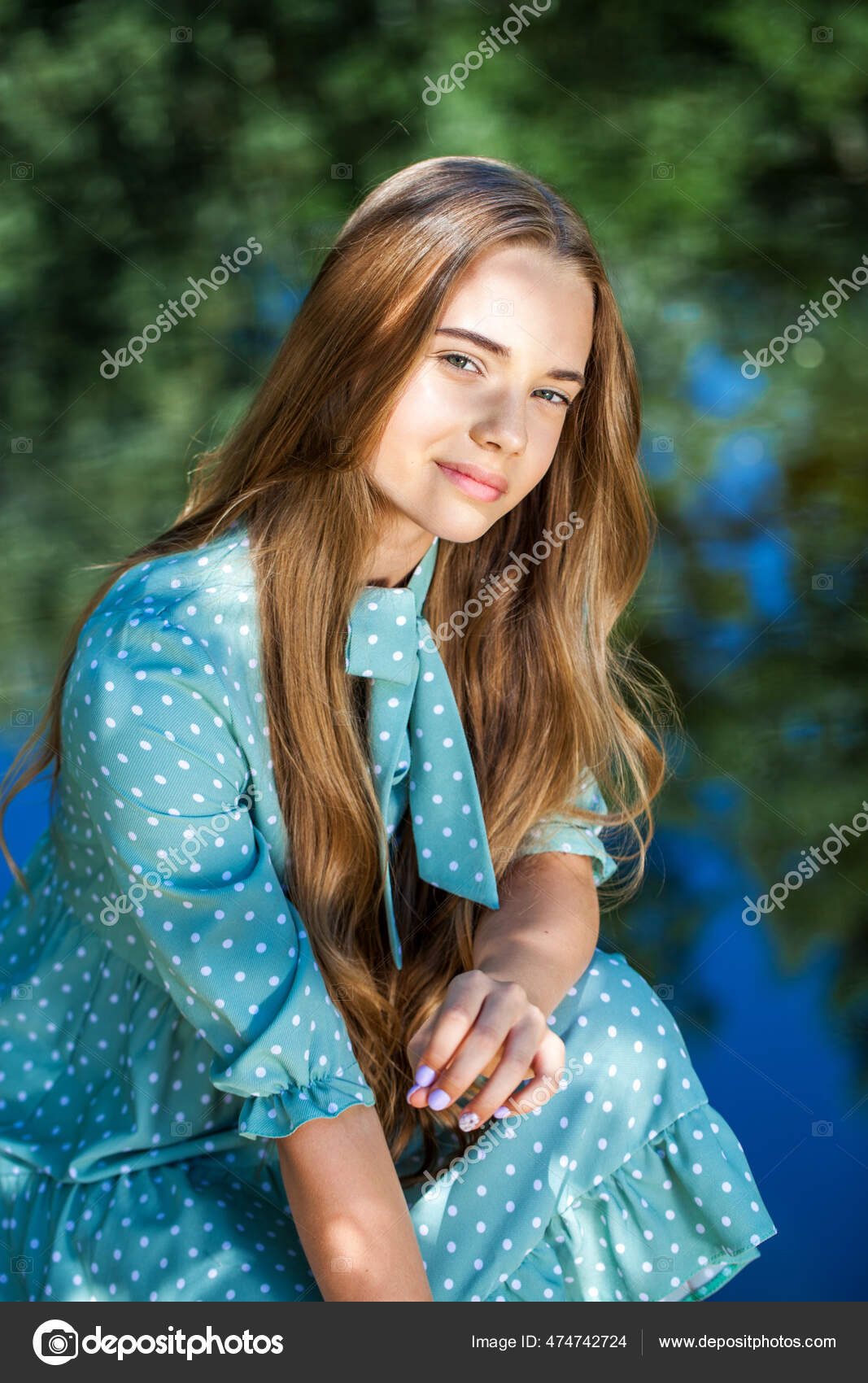 Attracktive beauty teenager Portrait Young Beautiful Teenager Girl Turquoise Dress Posing Background Pond Stock Photo By C Arkusha 474742724