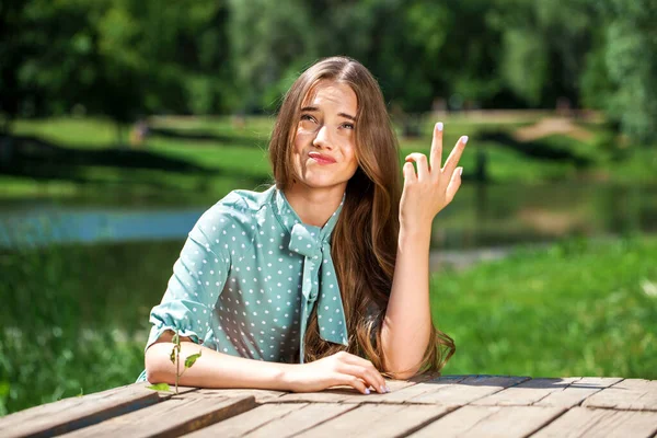 Portrait Young Beautiful Teenager Girl Turquoise Dress Posing Background Pond — Stock Photo, Image