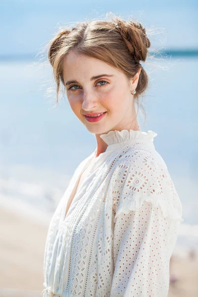 Close Portrait Young Beautiful Brunette Woman White Dress — Stock Photo, Image