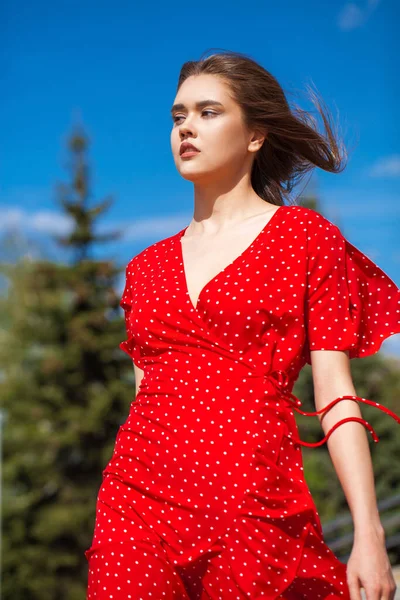 Close Portrait Young Beautiful Woman Red Dress — Stock Photo, Image