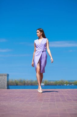 Leylak elbiseli güzel esmer bir kadının uzun bir portresi.