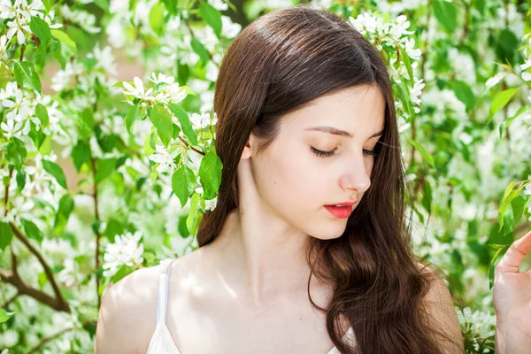 Retrato Cerca Una Joven Morena Sobre Fondo Manzana Flor — Foto de Stock