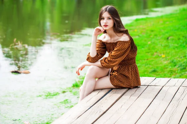 Portrait Young Beautiful Woman Brown Dress Posing Background Pond Summer — Stock Photo, Image