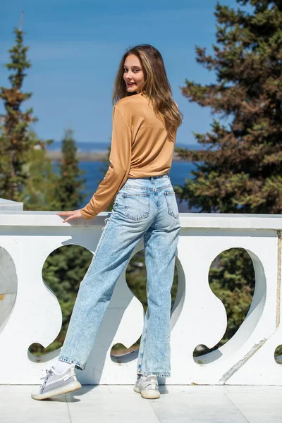 Uzun Kollu Mavi Kotlu Bej Bluzlu Genç Bir Kızın Tam — Stok fotoğraf