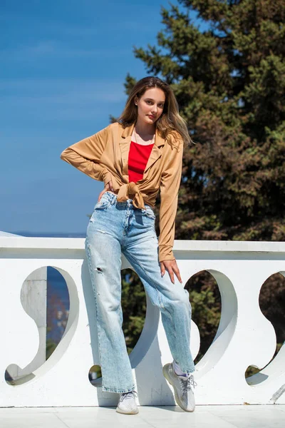 Full Length Portrait Young Stylish Girl Beige Blouse Long Sleeves — Stock Photo, Image