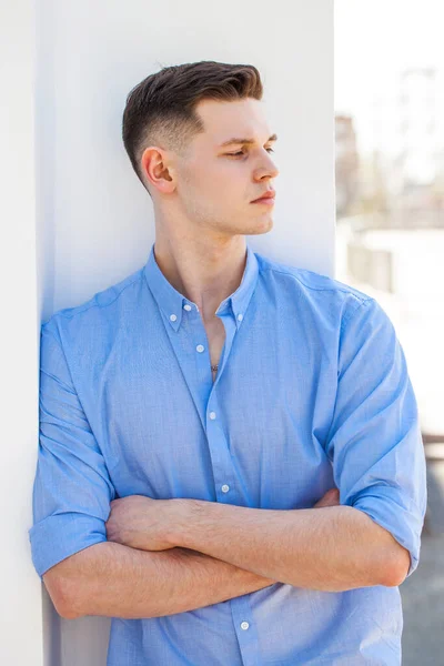 Close Portrait Young Man Blue Shirt — Stock Photo, Image