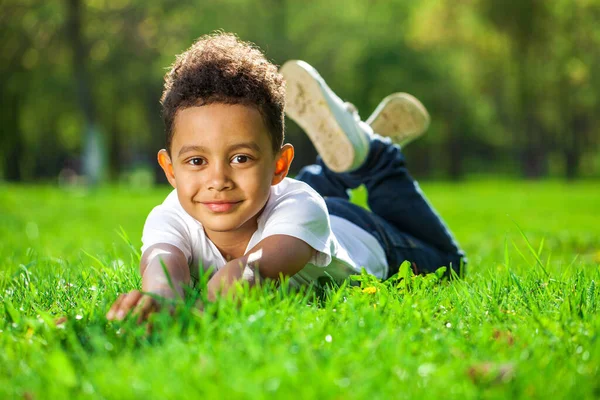 Pět Let Starý Chlapec Leží Zelené Trávě Letním Parku — Stock fotografie