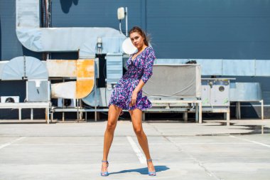 Yazlık elbise giymiş güzel esmer bir kadının tüm vücut portresi. 