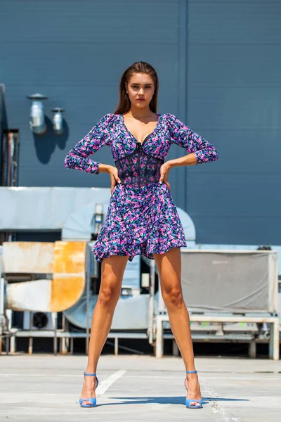 Retrato Corpo Inteiro Uma Jovem Bela Mulher Morena Vestido Verão — Fotografia de Stock