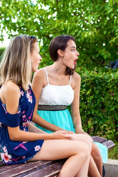 Two Young Beautiful Girlfriends Sitting Bench Summer Park — Stock Photo, Image