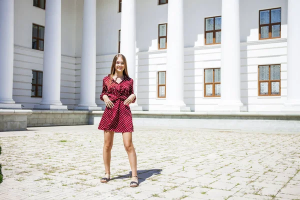 Full Length Portrait Young Beautiful Girl Summer Burgundy Dress — Stock Photo, Image