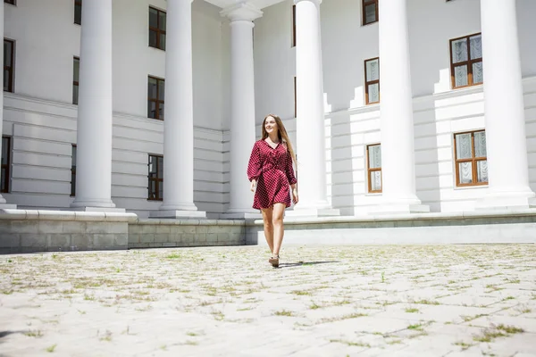 Full Length Portrait Young Beautiful Girl Summer Burgundy Dress — Stock Photo, Image