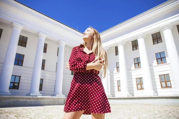 Close Portrait Young Beautiful Woman Summer Burgundy Dress — Stock Photo, Image