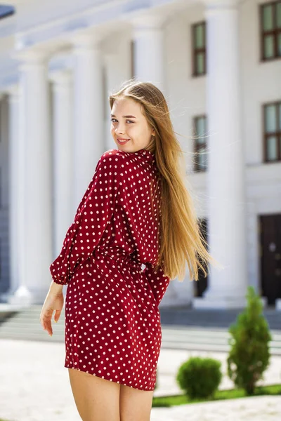 Close Portrait Young Beautiful Woman Summer Burgundy Dress — Stock Photo, Image