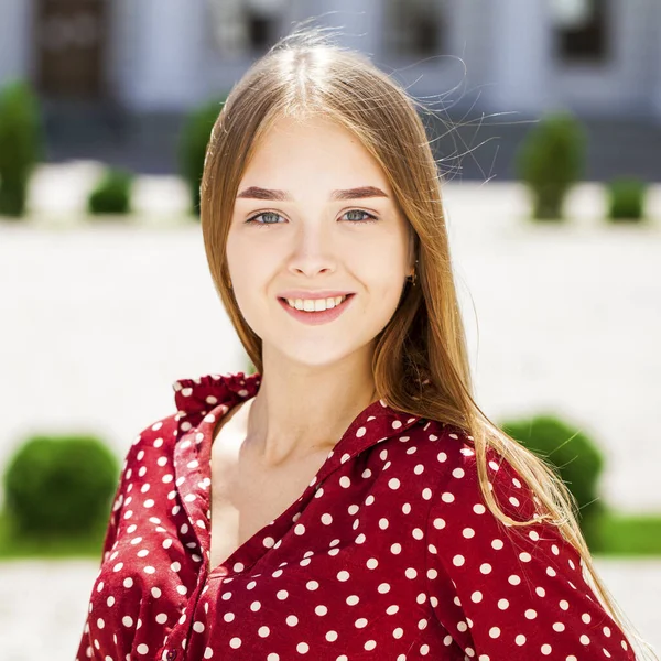 Close Portrait Young Beautiful Woman Summer Burgundy Dress — Stock Photo, Image