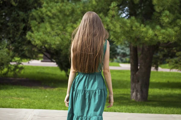 Modelo Cabelo Loiro Voltar Vista Menina Loira Parque Verão Livre — Fotografia de Stock