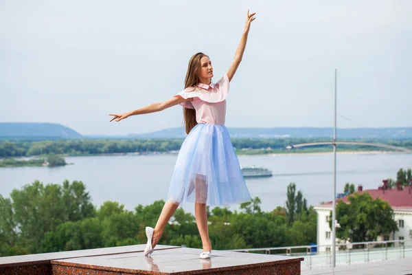 Full Length Portrait Young Stylish Girl Blue Skirt — Stock Photo, Image