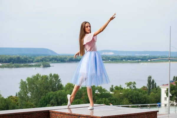 Full Length Portrait Young Stylish Girl Blue Skirt — Stock Photo, Image