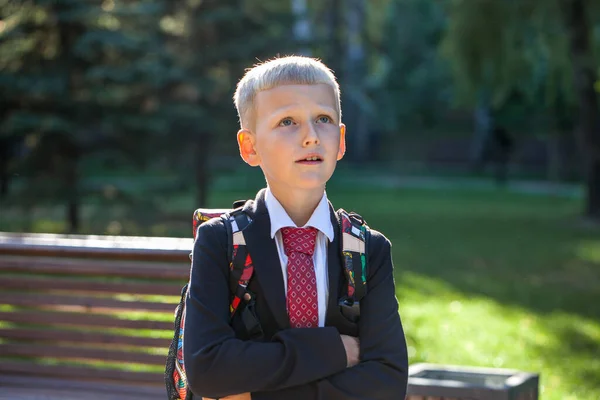 Першокласник Портрет Молодого Красивого Хлопчика Шкільній Формі — стокове фото