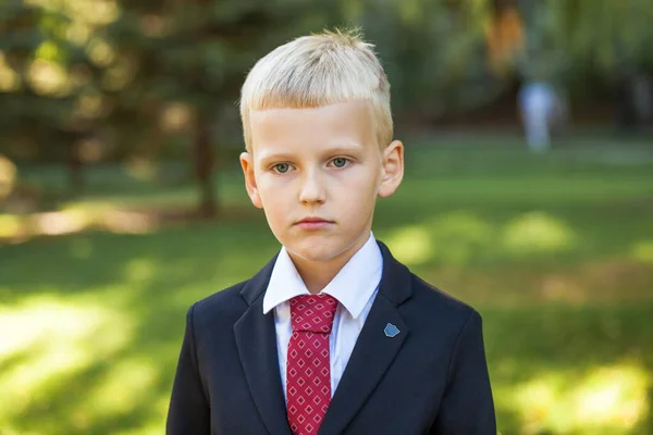 Första Klass Porträtt Ung Stilig Pojke Skoluniform — Stockfoto