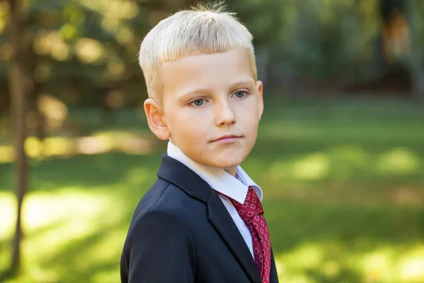 Första Klass Porträtt Ung Stilig Pojke Skoluniform — Stockfoto