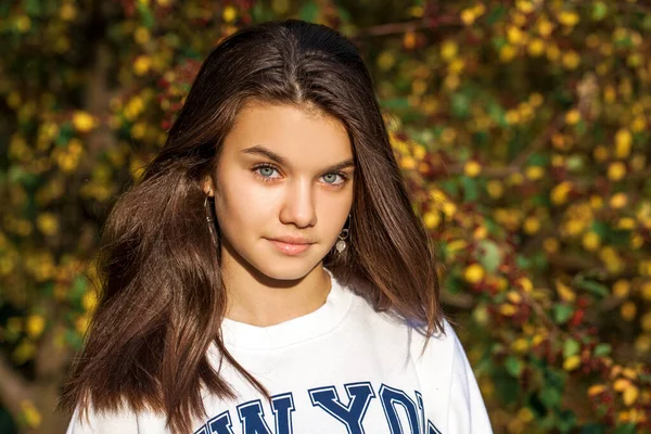 Portret Van Een Jong Mooi Brunette Meisje Herfst Park Buiten — Stockfoto