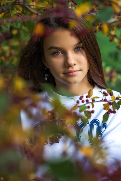 Retrato Una Joven Morena Hermosa Parque Otoño Aire Libre —  Fotos de Stock