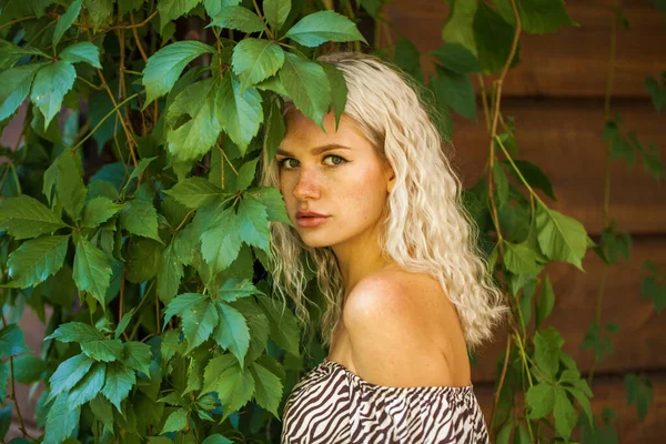 Porträtt Ung Blond Kvinna Poserar Trä Vägg Bakgrund — Stockfoto