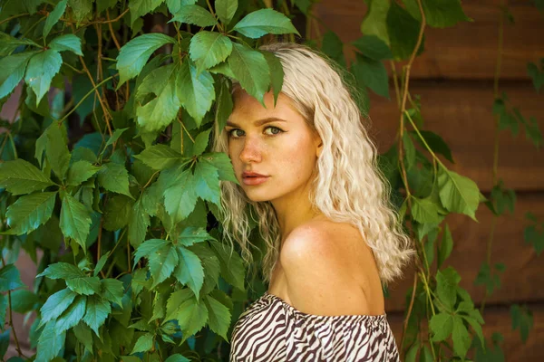 Retrato Una Joven Rubia Posando Sobre Fondo Pared Madera — Foto de Stock