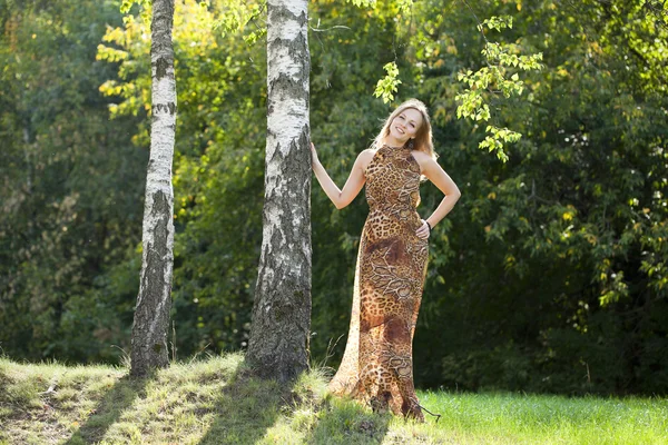Loira bonita em leopardo impressão vestido longo — Fotografia de Stock