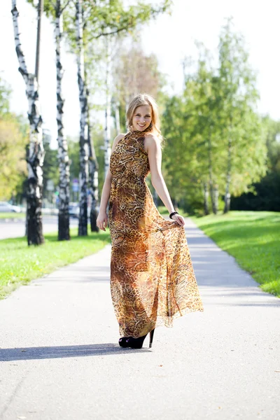 Loira bonita em leopardo impressão vestido longo — Fotografia de Stock