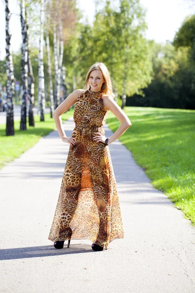 Loira bonita em leopardo impressão vestido longo — Fotografia de Stock