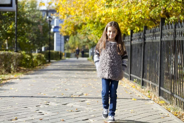 Little girl walking on autumn street — Stock Photo, Image
