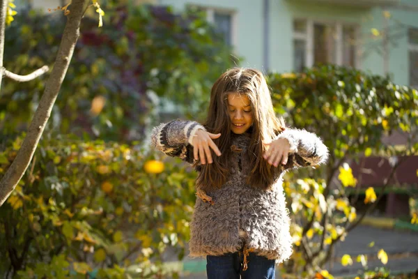 秋の公園で黄色い葉を持つ若い美しい女の子 — ストック写真