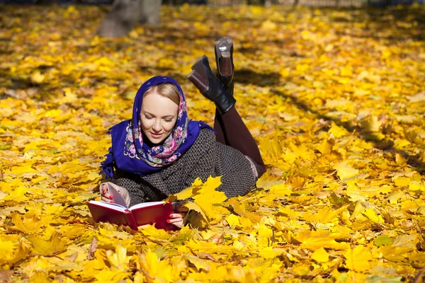 年轻漂亮的女孩躺在秋天树叶与红宝书 — 图库照片