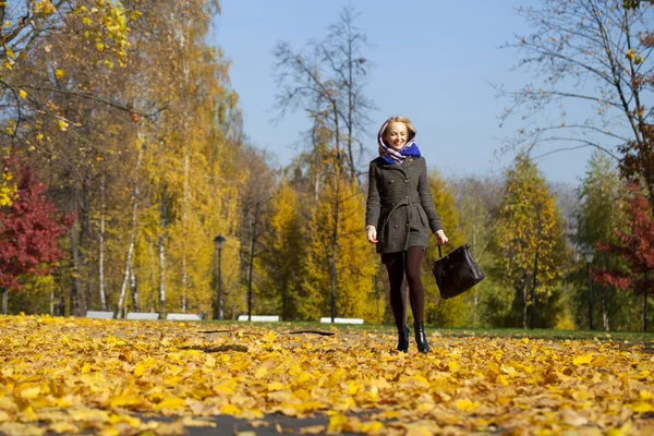 Genç kadın sonbahar parkında yürüyor. — Stok fotoğraf