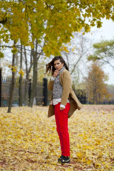 Jonge vrouw met mode vacht wandelen in herfst park — Stockfoto