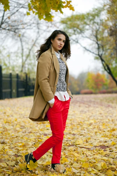 Jeune femme en manteau de mode marche dans le parc d'automne — Photo