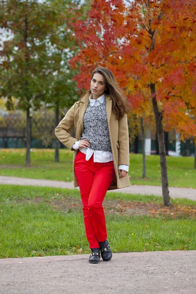 Donna felice in cappotto giallo a piedi autunno strada — Foto Stock